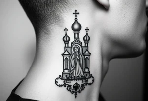 medium traditional russian orthodox church with russian coat arms and virgin mary on the side of your neck tattoo idea