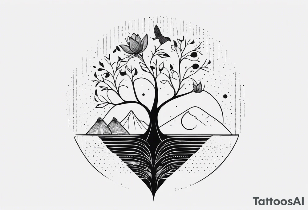 A minimalist tattoo design featuring a vertical composition. At the center is a large, abstract flower with intricate dotted shading and clean lines. A delicate tree with bare branches grows from the top of the flower, while flowing leaves emerge from the bottom. Surrounding the flower are abstract elements like small geometric shapes, mountains in the background, a few birds, and a crescent moon, all positioned in a visually balanced way. There’s a circular solar element near the flower, with rays extending outward. The entire design is made up of fine lines, dot work, and subtle shading, creating a harmonious mix of nature and geometric abstraction. It’s a detailed sketch with organic flow, precision, and a blend of cosmic and natural motifs tattoo idea