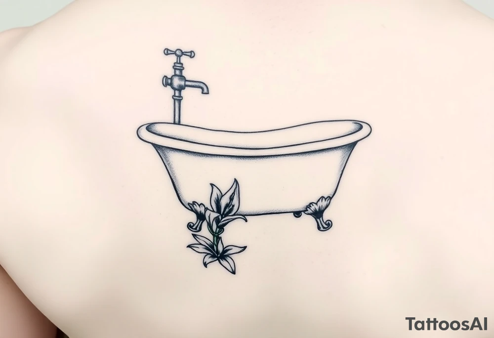 clawfoot bathtub with simple faucet and lily coming up out the floor tattoo idea