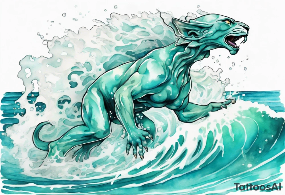 a beautiful turquoise sphinx emerging from an ocean wave, crashing onto the shore tattoo idea