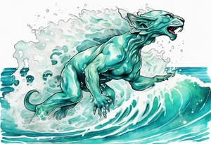 a beautiful turquoise sphinx emerging from an ocean wave, crashing onto the shore tattoo idea