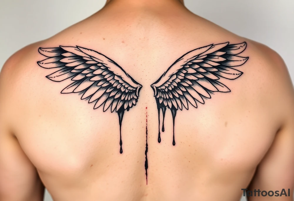 Angel wings folded and tucked against the back dripping in blood tattoo idea