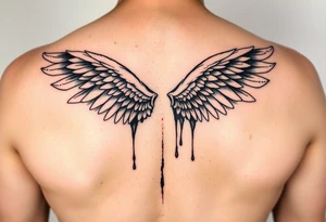 Angel wings folded and tucked against the back dripping in blood tattoo idea