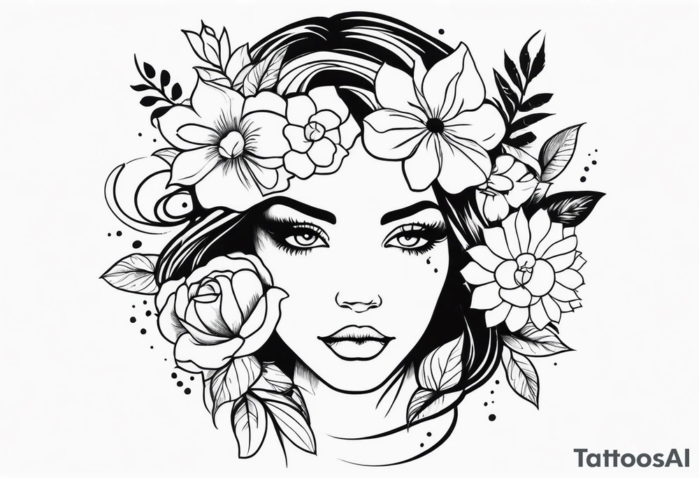 Powerful women’s face with flowers around tattoo idea