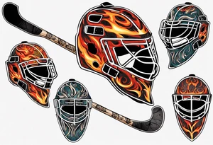 "SHOT HOCKEY" goalie mask with crossed hockey sticks and flames tattoo idea