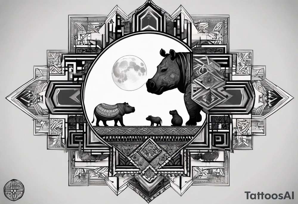 Very asymmetrical, +geometric pattern, with realistic full moon, with hippo at side look, +tribal, +geometric, +inkart , +blackwork, +grey scale, + sketch
with wintersweet flower bud, +inkart touch, +for men, detailed , combined favourite tattoo idea