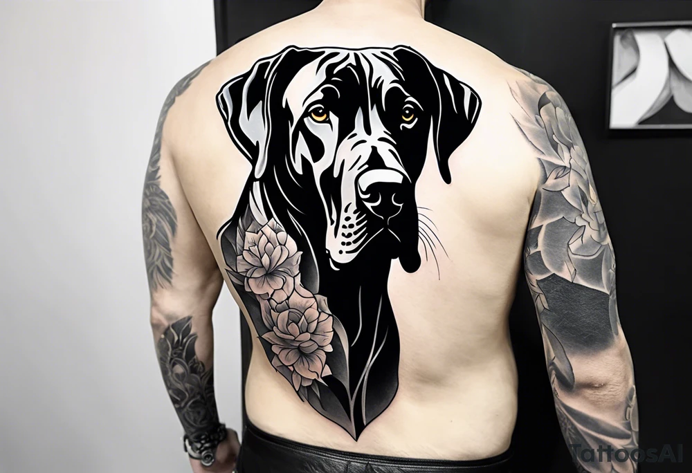 Arm sleeve for man- with floppy ear Great Dane standing fiercely chest up with full work tattoo idea