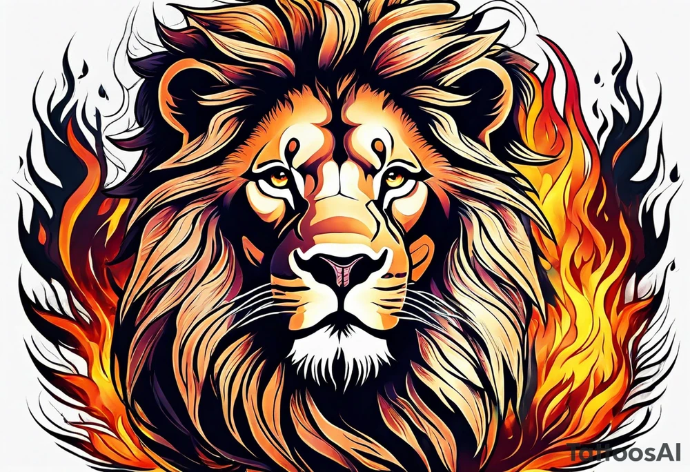 A lion surrounded by fire in full color tattoo idea