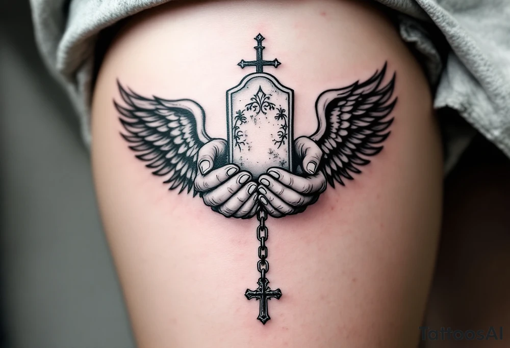 Angel hold headstone in hands with a cross chain hanging down with large wings tattoo idea