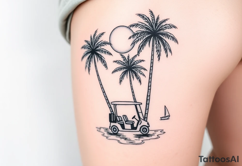 small, palm trees, beach vibe, golf cart, sun, water, boat, relaxing tattoo idea