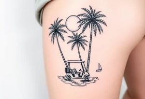 small, palm trees, beach vibe, golf cart, sun, water, boat, relaxing tattoo idea