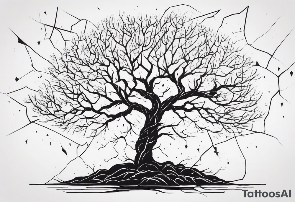 a barron tree struck by lightning, the branches resemble a brain and its spark of life. the ground below the tree is cracked symbolizing the broken connection between creator and creation tattoo idea