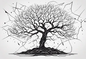 a barron tree struck by lightning, the branches resemble a brain and its spark of life. the ground below the tree is cracked symbolizing the broken connection between creator and creation tattoo idea