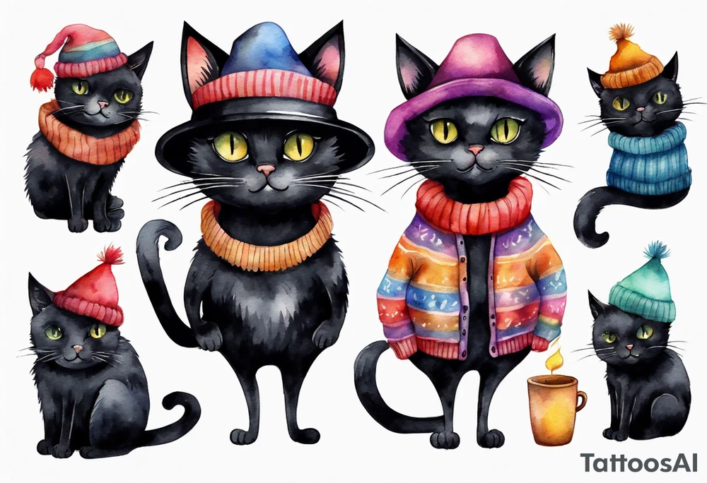 black cat with a funny hat and sweater tattoo idea