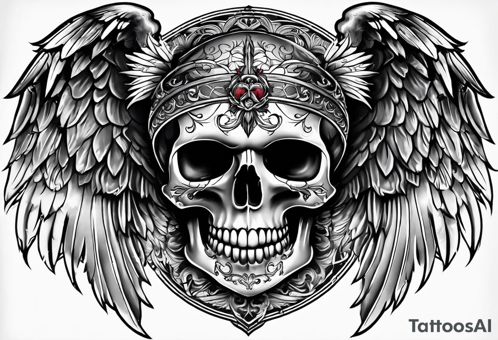 Tattooed skull with angel wings. Name Leah written under in gothic letters. tattoo idea