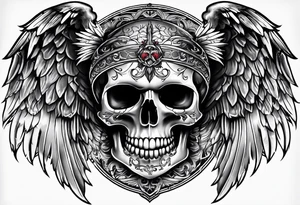 Tattooed skull with angel wings. Name Leah written under in gothic letters. tattoo idea
