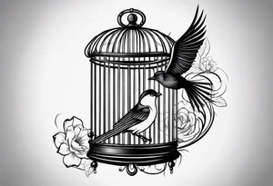 An open bird cage with a beautiful bird flying out of it. Make it look like you are looking into the cage from the front and the bird is flying toward you tattoo idea