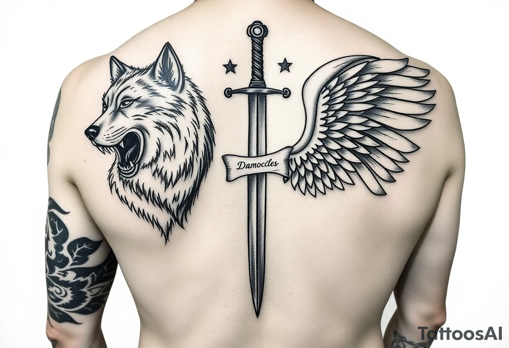 You'll ask me 10 questions mixing personality, character, life experience and intimacy. Then you'll synthesize all this and generate Polynesian tattoos on both arms. You'll also generate a sword with lots of relief and detail, with the blade surrounded by a parchment written in fine italic lettering “Sword of Damocles”. Next, you'll need to generate a wolf that will be on the left side of my back, its head biting my shoulder. On my chest, I'd like two angel wings with lots of finesse, relief and detail. All tattoos will be personalized according to the answers to the questions above. tattoo idea