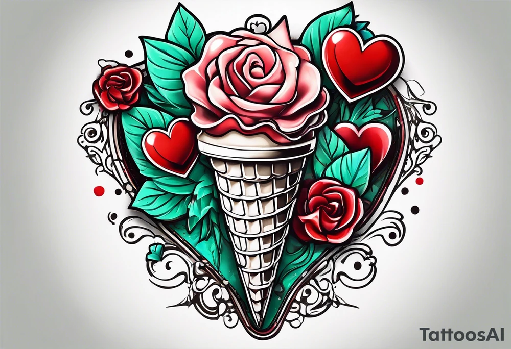 mint chocolate chip ice cream cone with small red heart on it somewhere. tattoo idea