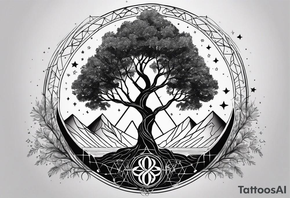 Tree of Life with DNA and Deathly Hallows Symbol and Velaris Mountains and Stars tattoo idea