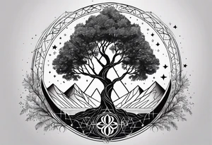 Tree of Life with DNA and Deathly Hallows Symbol and Velaris Mountains and Stars tattoo idea