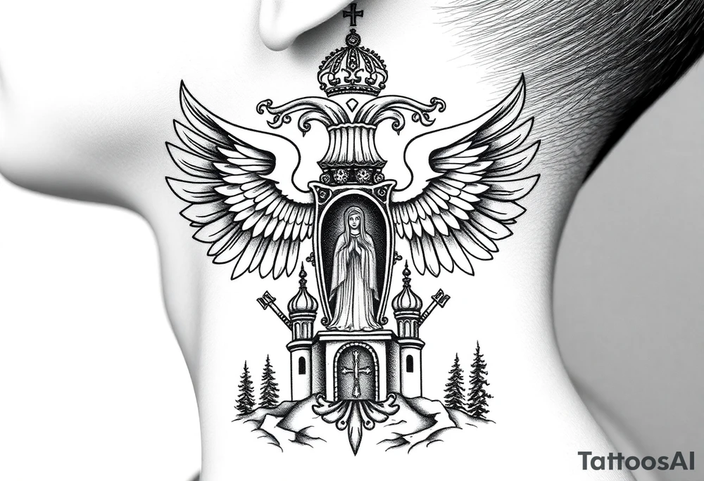 russian coat of arms double headed eagle traditional christian orthodox cross with a virgin mary stood in the entrance of a russian orthodox dome church on the side of the neck in a wilderness setting tattoo idea