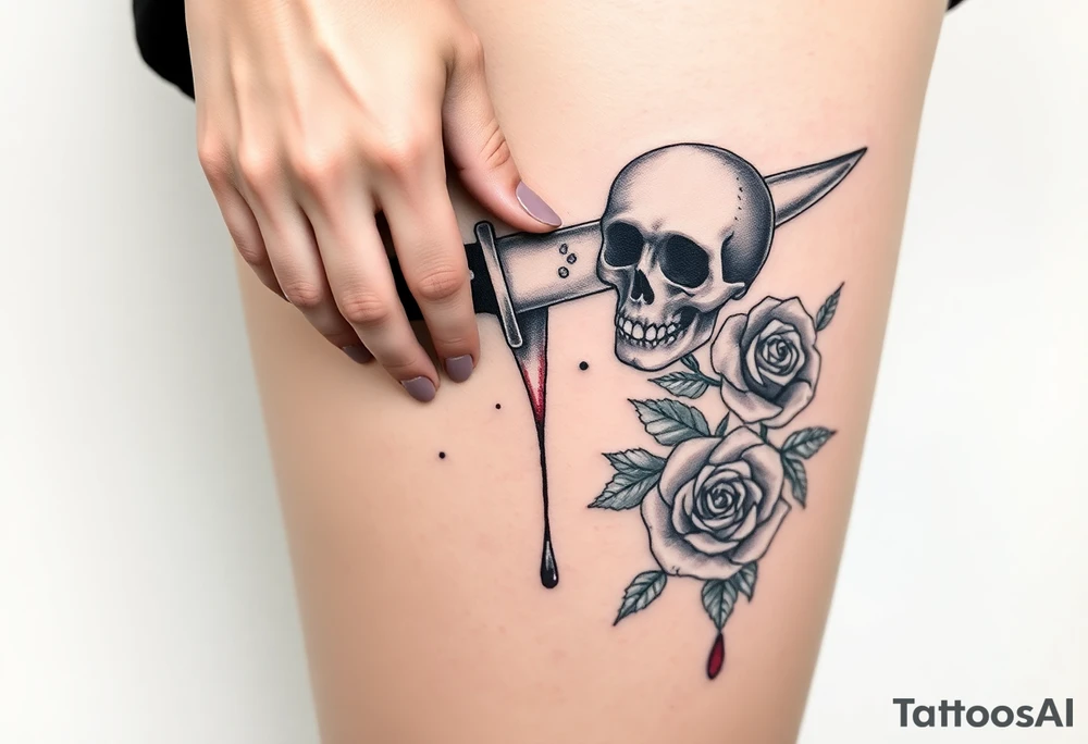 en el caos encontré mi forma favorita 
de amarte somos veneno y promesa.  Add around 

Woman’s hand reaching down grabbing blade handle, skeleton head on right under blade, rise on right under blade, blood dry from tip of blade, skeleton hand reaching for Blade tip. Just the hand and place above blade handle reaching for handle. Skull and rose underneath blade. Just the skeleton hand reaching for tip of knife which is dripping blood. tattoo idea
