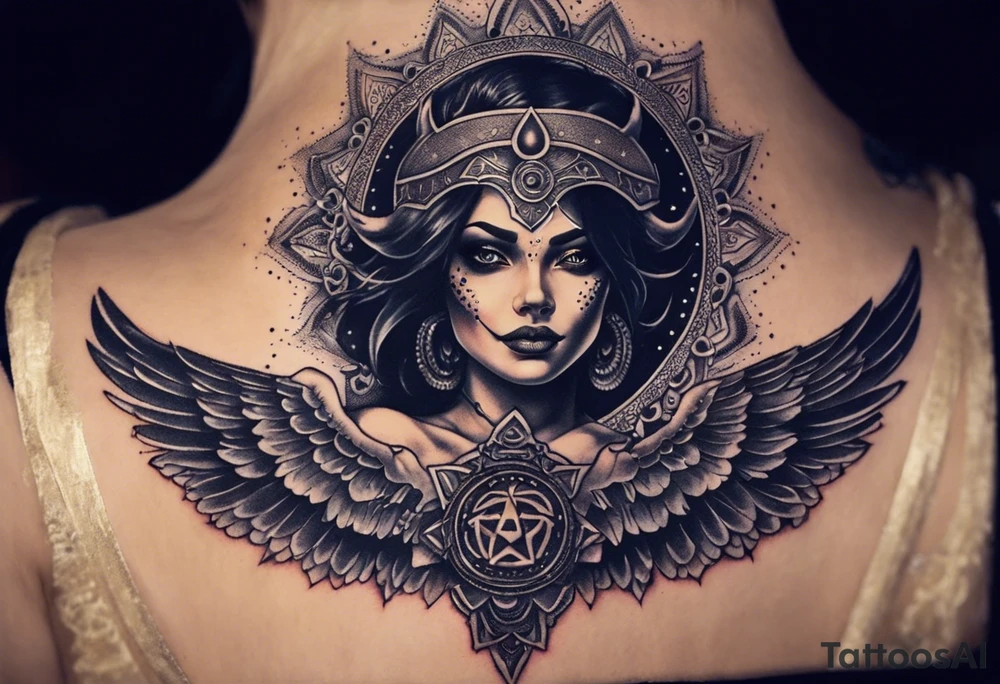 black kali, goddess pirate, alien, angel, pachamama, valkrye, warrior, flying, skull, lotus azul, wing, eagle, zenza resonance, stars, 5D, anahata chakra, death, durga, riding on a tiger, flying lady, chest tatoo tattoo idea