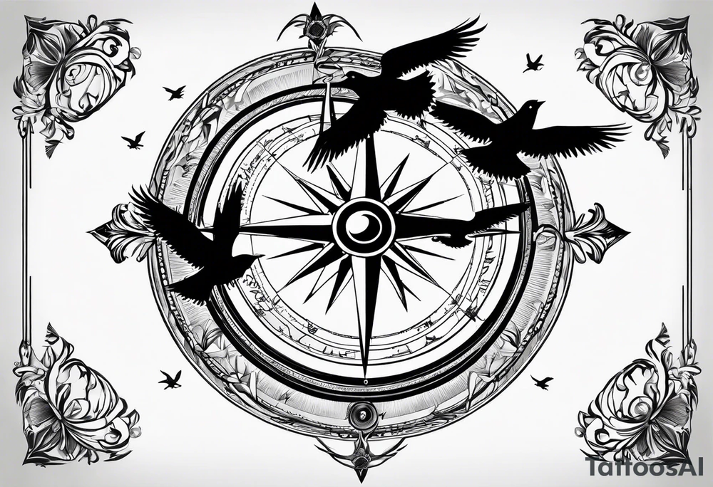 Simple compass with three black birds flying by north tattoo idea Simple compass with three black birds flying by north tattoo idea