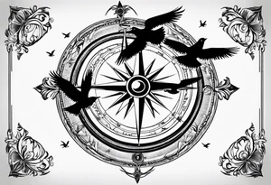 Simple compass with three black birds flying by north tattoo idea