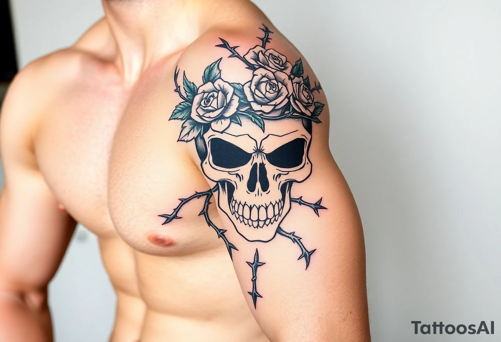 ornate skull adorned with crown of wild roses and thorns tattoo idea