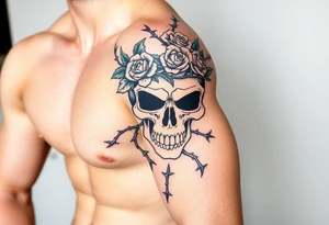 ornate skull adorned with crown of wild roses and thorns tattoo idea