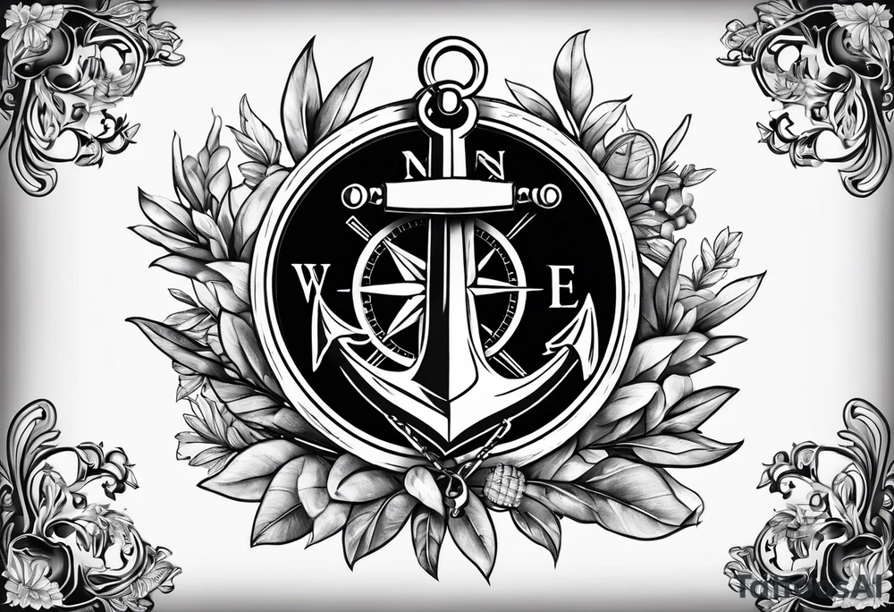 A selucid style anchor in front of a compass and a olive branch wreathe wrapped around the compass tattoo idea