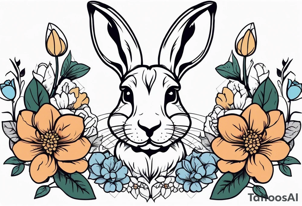 Rabbit head and flowers tattoo idea