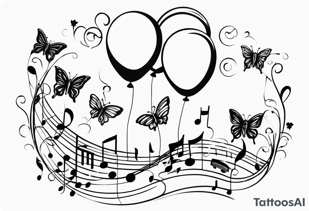 music notes and butterflies with balloons tattoo idea