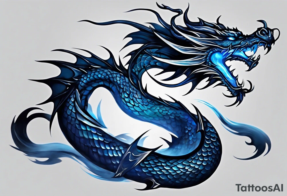 An epic floating dragon. Its long body coiling dynamically, with scales and horns detailed to create a sense of movement and strength. The dragon's main color is midnight blue, giving a vibrant depth and a mystical aura. This tattoo highlights the dragon’s fierce expression and sharp claws. tattoo idea