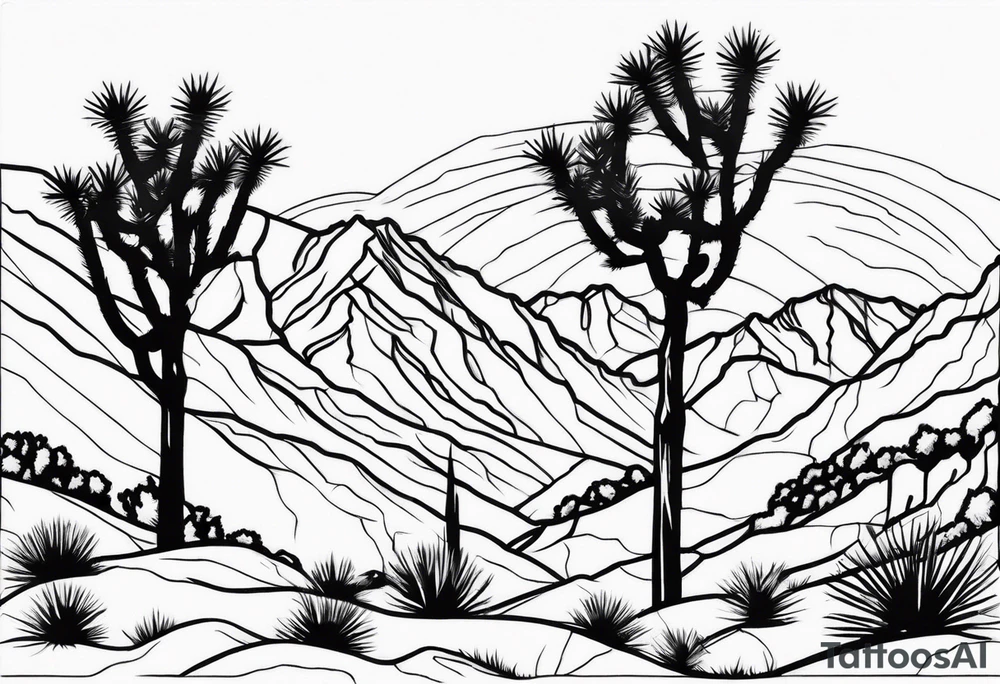 A dessert with joshua trees transitioning to pine trees and mountains tattoo idea