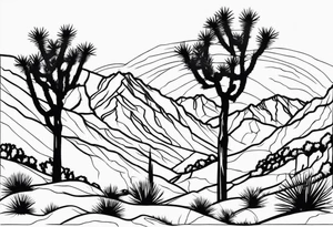 A dessert with joshua trees transitioning to pine trees and mountains tattoo idea