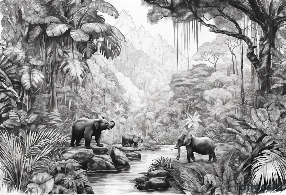 Rainforest with a lot of trees and animals roaming tattoo idea