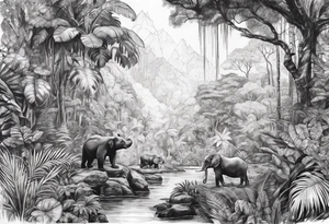 Rainforest with a lot of trees and animals roaming tattoo idea