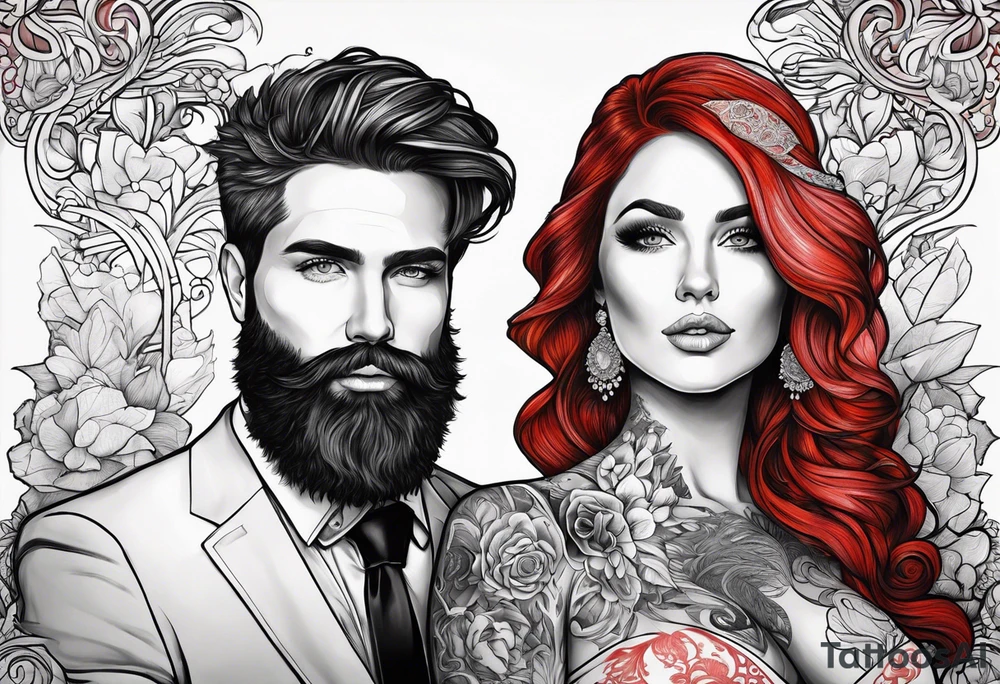 Busty red haired woman with a bearded man who has black hair getting married tattoo idea