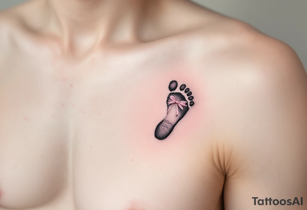 A tiny footprint in soft gray with a pink ribbon tied around it, personalized with a birthdate Lena 26. 03. 2019. tattoo idea