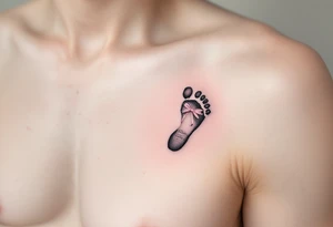 A tiny footprint in soft gray with a pink ribbon tied around it, personalized with a birthdate Lena 26. 03. 2019. tattoo idea