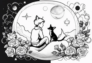 The Little prince sitting on his planet toghether with the fox on his planet besides his rose. Both are watching into the sky tattoo idea