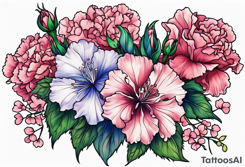 Larkspur flowers and carnation flowers in all color tattoo idea