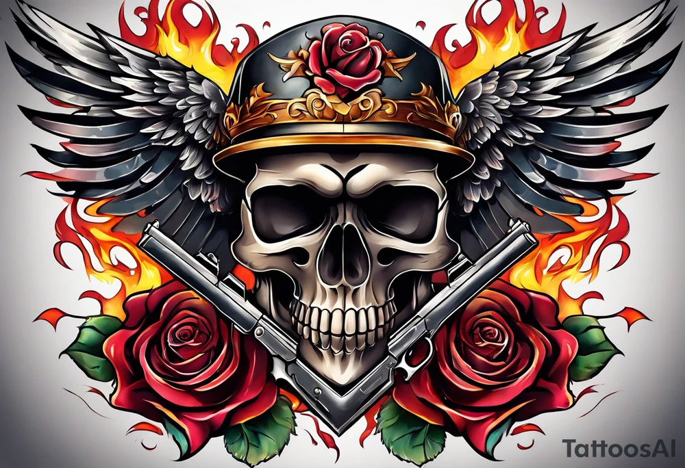 skull with a gun a  rose and dominated by a  heart with wings and  flames coming out of the top of it tattoo idea