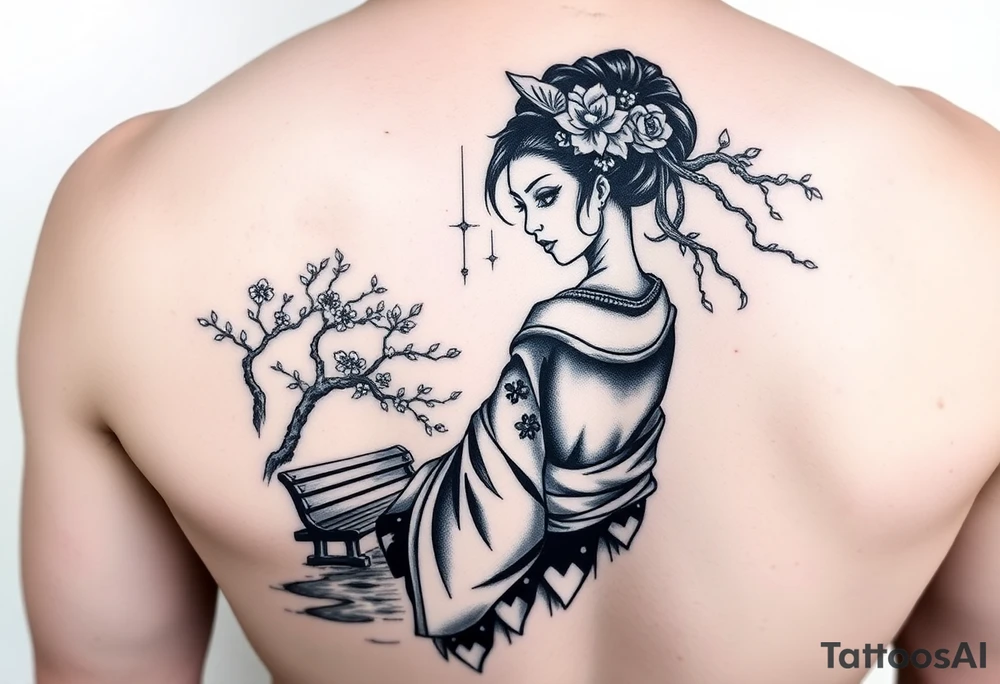 Fierce Japanese geisha with cherry blossom tree river and stone bench tattoo idea