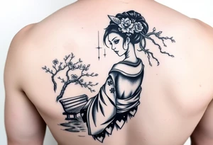 Fierce Japanese geisha with cherry blossom tree river and stone bench tattoo idea