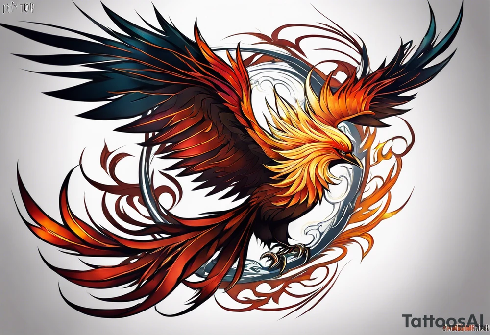Anime Tattoo: A powerful, majestic phoenix, depicted mid-flight or rising, with wings extended and feathers flowing. Deep shading and intricate details to bring out the texture and motion of the feathers. Style: Anime. tattoo idea