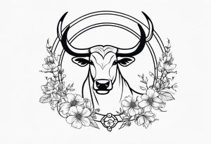 A simple Saggitarius zodiac symbol (the archer) is intertwined with a simple Taurus zodiac symbol (the bull) with delicate flowers tattoo idea